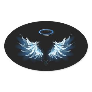 Blue Glowing Angel Wings on black background Oval Sticker