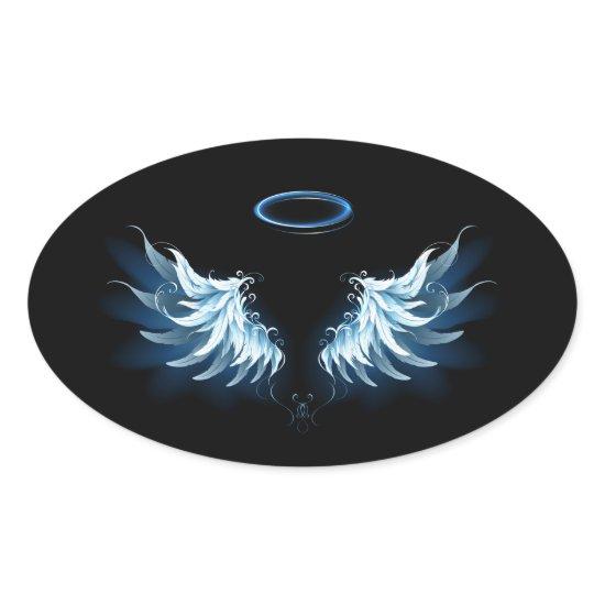 Blue Glowing Angel Wings on black background Oval Sticker