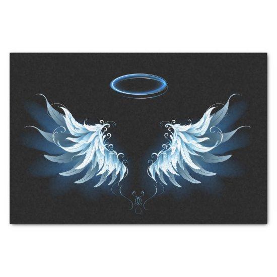Blue Glowing Angel Wings on black background Tissue Paper
