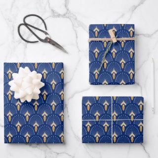 Blue, Gold and White Art Deco Fan Flowers Motif   Sheets