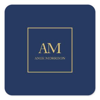 Blue Gold Colors Monogram Initial Letters Name Square Sticker