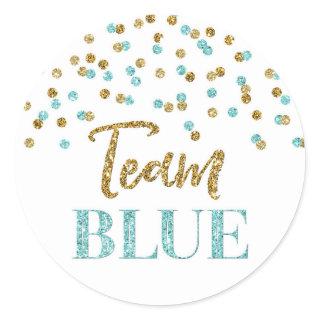 Blue Gold Dots Gender Reveal Baby Shower Team Blue Classic Round Sticker