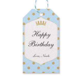 Blue & Gold Dots Royal Crown Prince Party Gift Tag