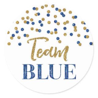 Blue Gold Gender Reveal Baby Shower Team Blue Classic Round Sticker