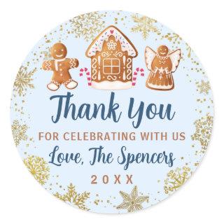 Blue Gold Gingerbread House Party Thank You Classic Round Sticker