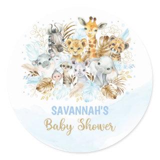 Blue Gold Tropical Boho Safari Animals Baby Shower Classic Round Sticker