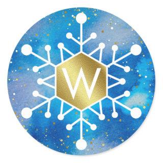 Blue Gold Watercolor Snowflake Monogram Classic Round Sticker