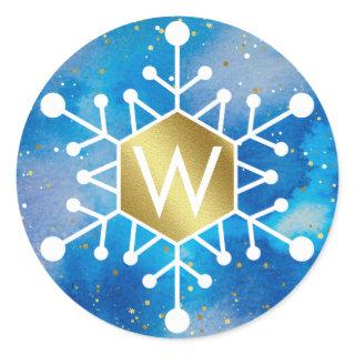 Blue Gold Watercolor Snowflake Monogram Classic Round Sticker