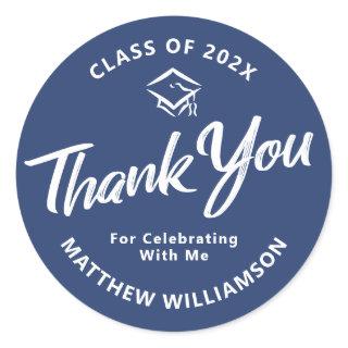 Blue Graduation Bold Script Cap Thank You Minimal Classic Round Sticker