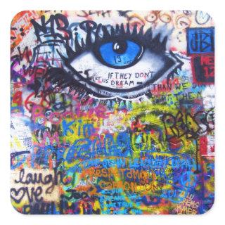 Blue graffiti evil eye square sticker