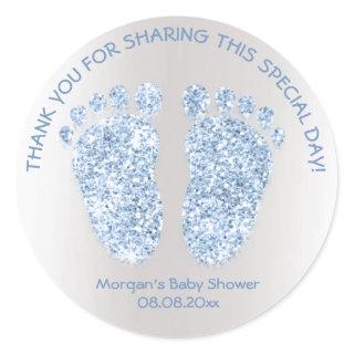 Blue Gray Boy Glitter Feet Baby Shower Favor Thank Classic Round Sticker