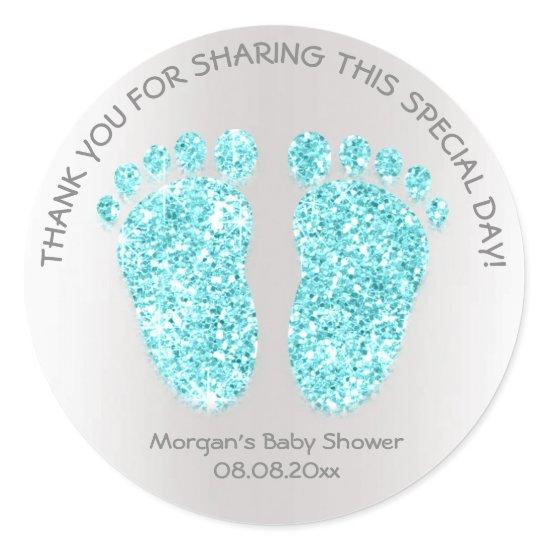 Blue Gray Glitter Feet Baby Shower Favor Thank Classic Round Sticker