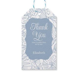 Blue Gray White Frame Floral Birthday Thank You Gift Tags