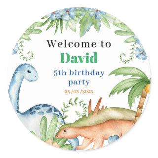 Blue & Green Dinosaur floral birthday party  Classic Round Sticker
