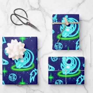 Blue Green Neon Glowing Space Astronaut Rockets  Sheets