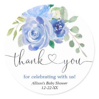 Blue greenery white floral thank you classic round sticker