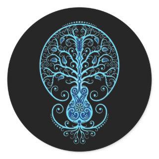 Blue Guitar Tree of Life on Black Classic Round Sticker