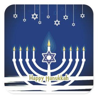 Blue Happy Hanukkah Star Menorah Candle Lights Square Sticker