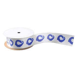 Blue heart dragon on white satin ribbon