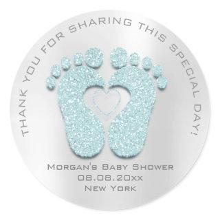 Blue Heart Feet Baby Shower Favor Gift Thank Gray Classic Round Sticker
