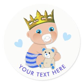 Blue Hearts Prince Baby Boy Shower Personalized Classic Round Sticker