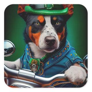 Blue Heeler Dog Driving Bike St. Patrick's Day Square Sticker