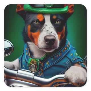 Blue Heeler Dog Driving Bike St. Patrick's Day Square Sticker