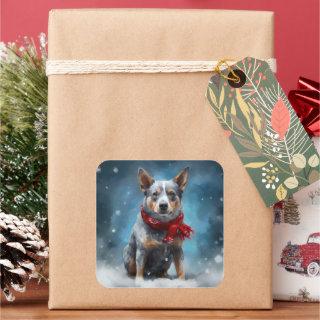 Blue Heeler Dog in Snow Christmas  Square Sticker