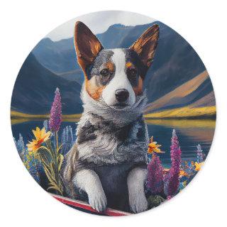 Blue Heeler on a Paddle: A Scenic Adventure Classic Round Sticker