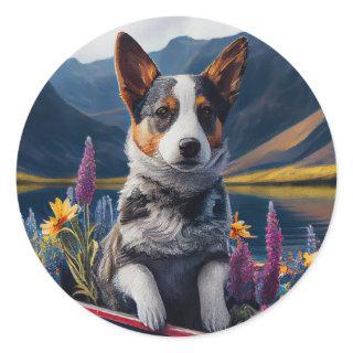 Blue Heeler on a Paddle: A Scenic Adventure Classic Round Sticker