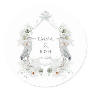 Blue Heron Waterfowl White Floral Ethereal Wedding Classic Round Sticker