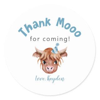 Blue Highland Cow Birthday Party Favor  Classic Round Sticker
