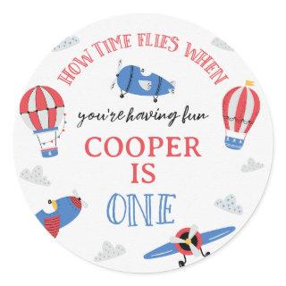Blue How Time Flies Plane 1st Birthday  Classic Round Sticker