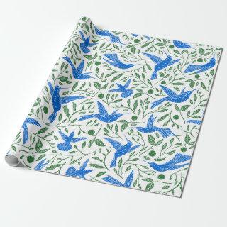 Blue hummingbirds green leaves pattern