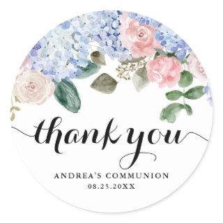 Blue Hydrangea and Pink Rose Communion Thank You Classic Round Sticker