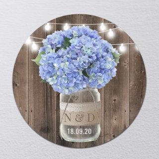 Blue Hydrangea Floral Jar Rustic Wood Wedding Classic Round Sticker