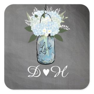 Blue Hydrangea Mason Jar Chalkboard | Wedding Square Sticker