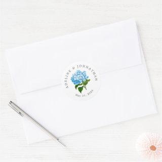Blue Hydrangea Names and Wedding Date Classic Round Sticker
