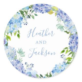 Blue Hydrangeas Wreath Wedding Round Sticker