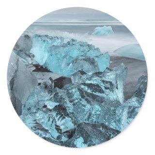 Blue ice on beach seascape, Iceland Classic Round Sticker