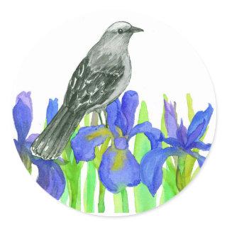 Blue Iris Flower Gray Bird Watercolor Art Classic Round Sticker