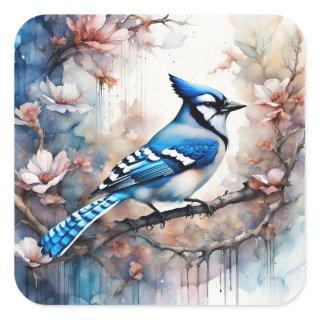 Blue Jay Cherry Blossoms watercolor Square Sticker