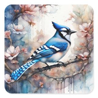 Blue Jay Cherry Blossoms watercolor Square Sticker