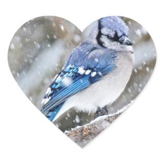 Blue Jay in a Snowstorm Heart Sticker