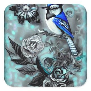 Blue Jay & Roses Square Sticker