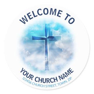 Blue Jesus Cross Church Welcome Classic Round Sticker