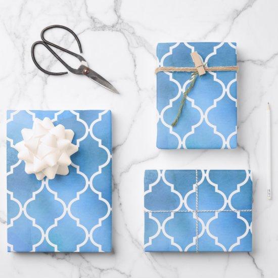 Blue Latticework, Quatrefoil, Trellis, Watercolors  Sheets
