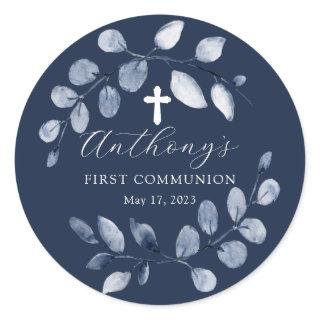 Blue Leaf First Communion Classic Round Sticker