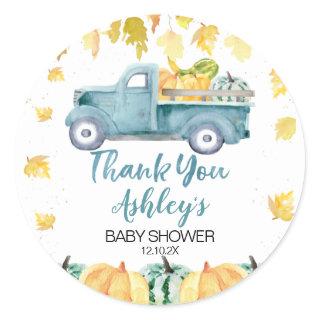 Blue Little Pumpkin Truck Baby Shower Sticker