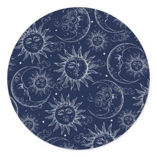 Blue Magic Vintage Celestial Sun Moon Stars Party Classic Round Sticker